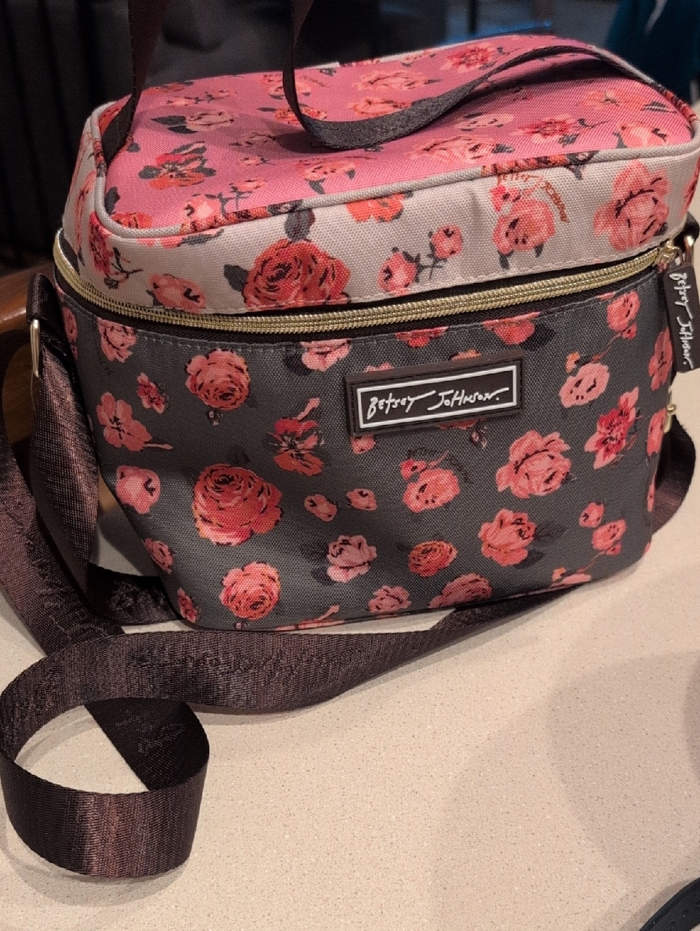 Betsey Johnson Pink & Gray Floral Cosmetic Crossbody